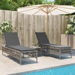 Vidaxl chaises longues lot de 2 avec table gris r�sine tress�e transat lit de repos de jardin meuble ...