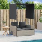 Vidaxl chaise longue double avec toit et rideaux gris clair poly rotin transat lit de jour dextrieur ...