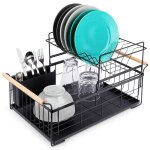 Vilde loft gouttoir  vaisselle 2 niveaux - mtal inoxydable noir - poignes en bois - bac amovible