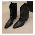 Vitata bottes hautes femme ? dcor rivets rtro ? bout pointu ? talon pais moyen ? bottines noires
