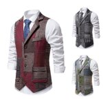 Vitata gilet de costume homme - style rtro  carreaux avec col revers - gilet lgant slim rouge