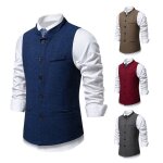 Vitata gilet de costume homme - style rtro col mao en chevron - gilet slim chic mariage bureau bleu