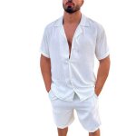 Vitata homme d?été nouveau revers en coton et lin ensemble de vêtements de couleur unie - blanc Vitata homme d?été nouveau revers en coton et lin ensemble de vêtements de couleur unie - blanc