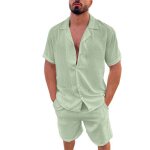 Vitata homme d?été nouveau revers en coton et lin ensemble de vêtements de couleur unie - vert clair Vitata homme d?été nouveau revers en coton et lin ensemble de vêtements de couleur unie - vert clair