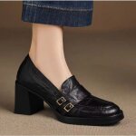 Vitata mocassins  talons hauts pour femme - chaussures vintage en cuir  talon carr - noir avec boucle ...
