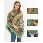 Vitata poncho femme  franges - cape chaude et colore au style ethnique - jaune - vert clair