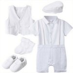 Vitata tenue de baptme blanche pour bb garon ? ensemble crmonie lgant ? avec bonnet chaussettes ...
