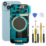 Vitre arriere + plaque metallique pour iphone 14 plus bleu + aimants et colle