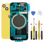 Vitre arriere + plaque metallique pour iphone 14 plus jaune + aimants et colle