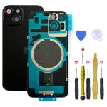 Vitre arriere + plaque metallique pour iphone 14 plus minuit noir + aimants colle