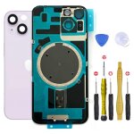 Vitre arriere + plaque metallique pour iphone 14 plus violet + aimants et colle