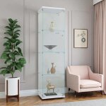 Vitrine 4 niveaux verre tremp� conception � simple porte avec poign�e m�tal et fermeture � cl� base blanc ...
