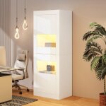 Vitrine argentier blanche brillante led 1 �tag�re verre 61x42x162cm - meuble haut de rangement �l�gant ...