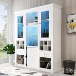 Vitrine argentier blanche - meuble de salon sur pied avec �clairage led 7 couleurs et rangement143 x ...