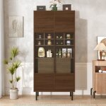 Vitrine argentier rutilisable aspect noyer 75. 5x35x164. 5cm verre + tagres + tiroir rangement polyvalent ...