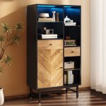 Vitrine armoire bois 80x40x150cm buffet haut meuble de rangement avec Éclairage led tiroirs Étagères ... Vitrine armoire bois 80x40x150cm buffet haut meuble de rangement avec Éclairage led tiroirs Étagères ...