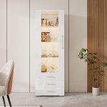 Vitrine blanche led meuble haut brillant avec 3 tiroirs porte acrylique et �tag�res en verre tremp� 60 ...