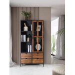 Vitrine - industriel - 4 tiroirs - 1 porte vitr�e - m�tal et bois de manguier - naturel et noir