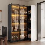 Vitrine led 160 cm blanc et noir meuble haut multifonction avec porte vitr�e tiroirs lat�raux et armoire ...