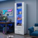 Vitrine led - 60x35x180cm - clairage rgb via app & 3 tiroirs - colonne de rangement blanc brillant