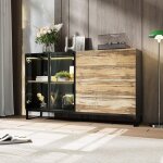 Vitrine � lumi�re led buffet avec 2 portes en verre et 4 tiroirs avec aspect du bois salon 160x41x95 ...