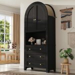 Meuble de rangement - langtu - vitrine arqu�e - mdf 70x35x180 cm - noir - tiroirs et portes