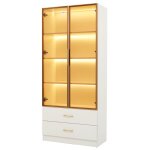 Vitrine en verre pour collection - meuble de rangement salon avec barre lumineuse2 tiroirs et 2 portes ...