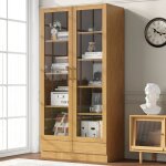 Vitrine en verre - �tag�res fixes - tiroirs push - to - open - 80x40x160 cm - bois naturel
