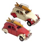 Voiture r�tro miniature set de 2 d�coration vintage en m�tal 2cv bicolore rouge et blanc de 16cm
