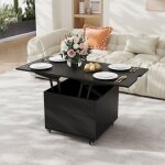 Table basse relevable extensible - 3 en 1 - 120x665x60 cm - noir - plateau pliable - structure robuste ...