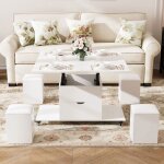 Vowner table basse relevable 3 en 1 avec tiroir et 4 tabourets transformable en table à manger (blanc) ... Vowner table basse relevable 3 en 1 avec tiroir et 4 tabourets transformable en table à manger (blanc) ...