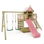 Aire de jeux bois wickey smart candy avec toboggan 220 cm rose pastel double balan�oire et maisonnette ...