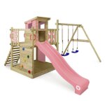 Aire de jeux bois wickey smart camp avec toboggan 220 cm rose pastel double balan�oire et maisonnette ...