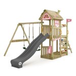 Wickey aire de jeux portique bois farmflyer avec balanoire et toboggan