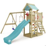 Wickey aire de jeux portique bois multiflyer avec balanoire et toboggan