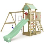 Wickey aire de jeux portique bois multiflyer avec balanoire et toboggan