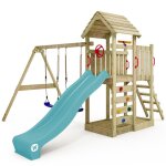 Wickey aire de jeux portique bois multiflyer toit en bois avec balanoire et toboggan turquoise maison ...