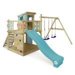 Aire de jeux bois wickey smart camp avec toboggan 220 cm bleu pastel double balan�oire et maisonnette ...