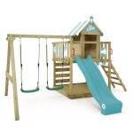 Aire de jeux bois wickey smart candy avec toboggan 220 cm bleu pastel double balan�oire et maisonnette ...