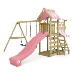 Aire de jeux bois wickey vanillaflyer avec double balan�oire toboggan rose pastel et table de pique - ...