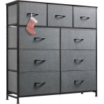 Wlive commode 9 tiroirs rangement tissu cadre acier plateau bois pour chambre entre placard gris fonc ...