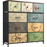 Wlive commode 9 tiroirs rangement tissu floral cadre acier plateau bois pour chambreplacard unit haute ...