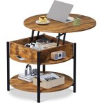 Wlive table basse relevable ronde 68x68x49 cm. 3 �tag�res plateau levant silencieux et compartiment secret. ...