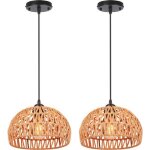 Wottes e27 suspension luminaire vintage industrielle 2pcs �25cm abat - jour ronde en m�tal noir et rotin ...