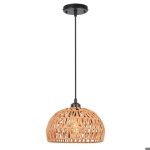 Wottes e27 suspension luminaire vintage industrielle boho �25cm abat - jour ronde en m�tal noir et rotin ...