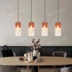 Wottes moderne lustre en verre �13cm 4pcs suspension abat - jour en bois et transparent brun e27 luminaire ...