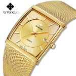 Wwoor montre de luxe or homme carre japon quartz acier fin maille tanche sport automatique date montres ...