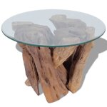 Wxs table basse base en bois flott teck massif + dessus de table en verre tremp 60 x 08 cm marron