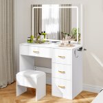 Yitahome coiffeuse avec clairage led prises lectriques coiffeuse avec miroir 4 tiroirs avec tabouret ...
