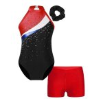 Zdhoor 3pcs enfant fille ensemble justaucorps short gymnastique - 5 - 16 ans - rouge - strass - danse ...
